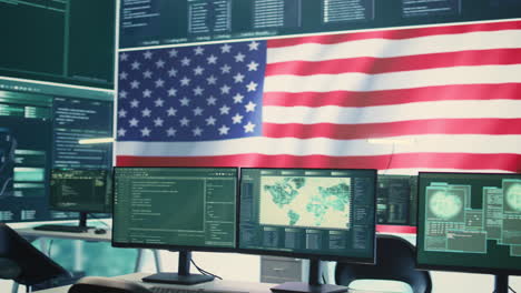 governmental tech room showing an usa flag on big screen