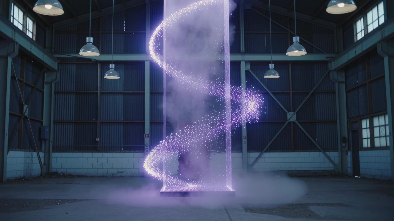 Bagliore di base che emana e avvia una colonna di energia viola che si forma in un magazzino, con nebbia ed elica a spirale