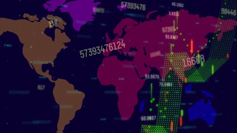 animation of data processing and numbers over world map in background