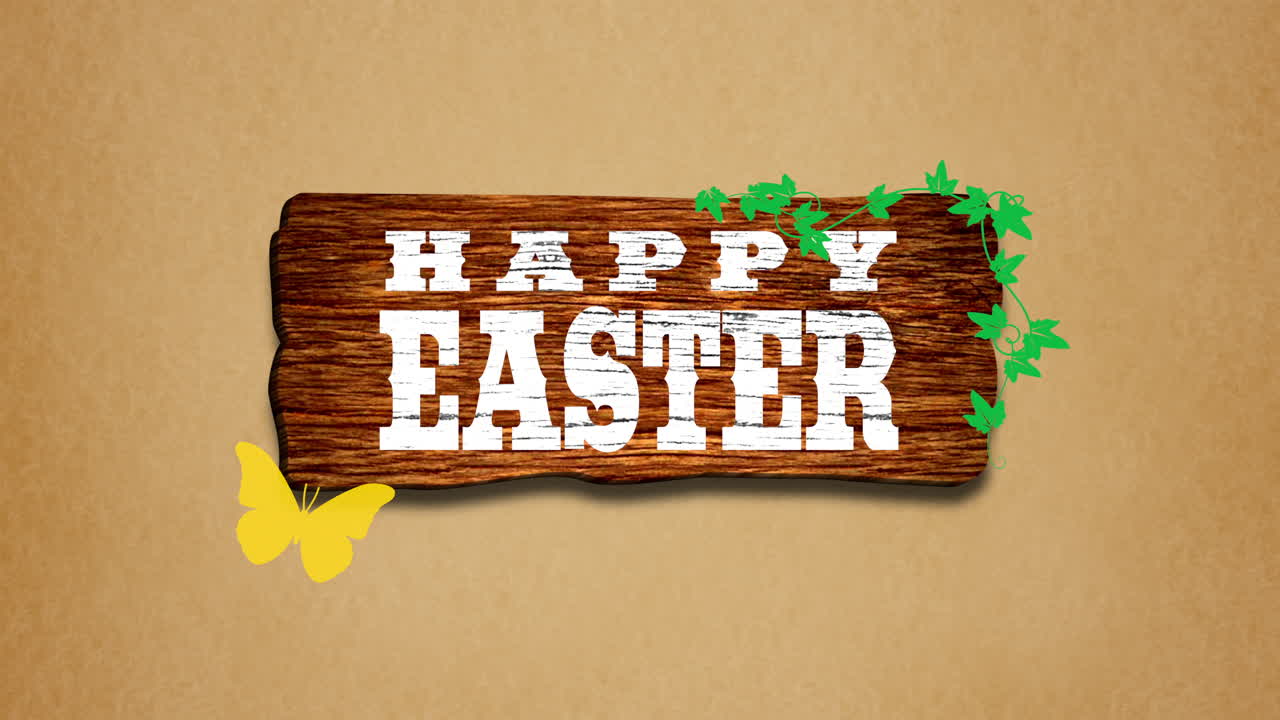 Buona Pasqua con foglie verdi e farfalla su legno