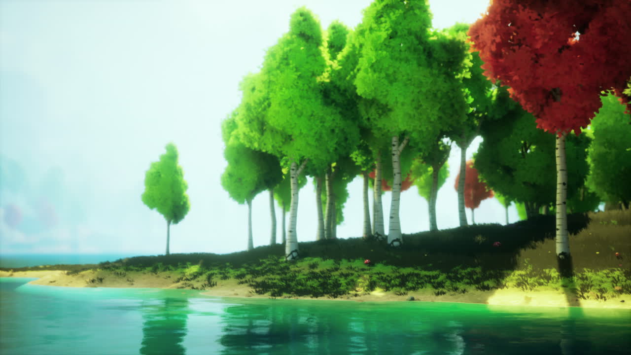 colorido bosque de dibujos animados al atardecer