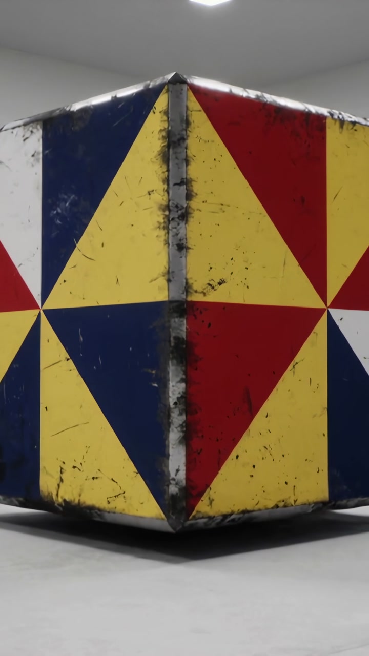Vertical video: Descending painted object from above centering on pale floor showing scuffed panels