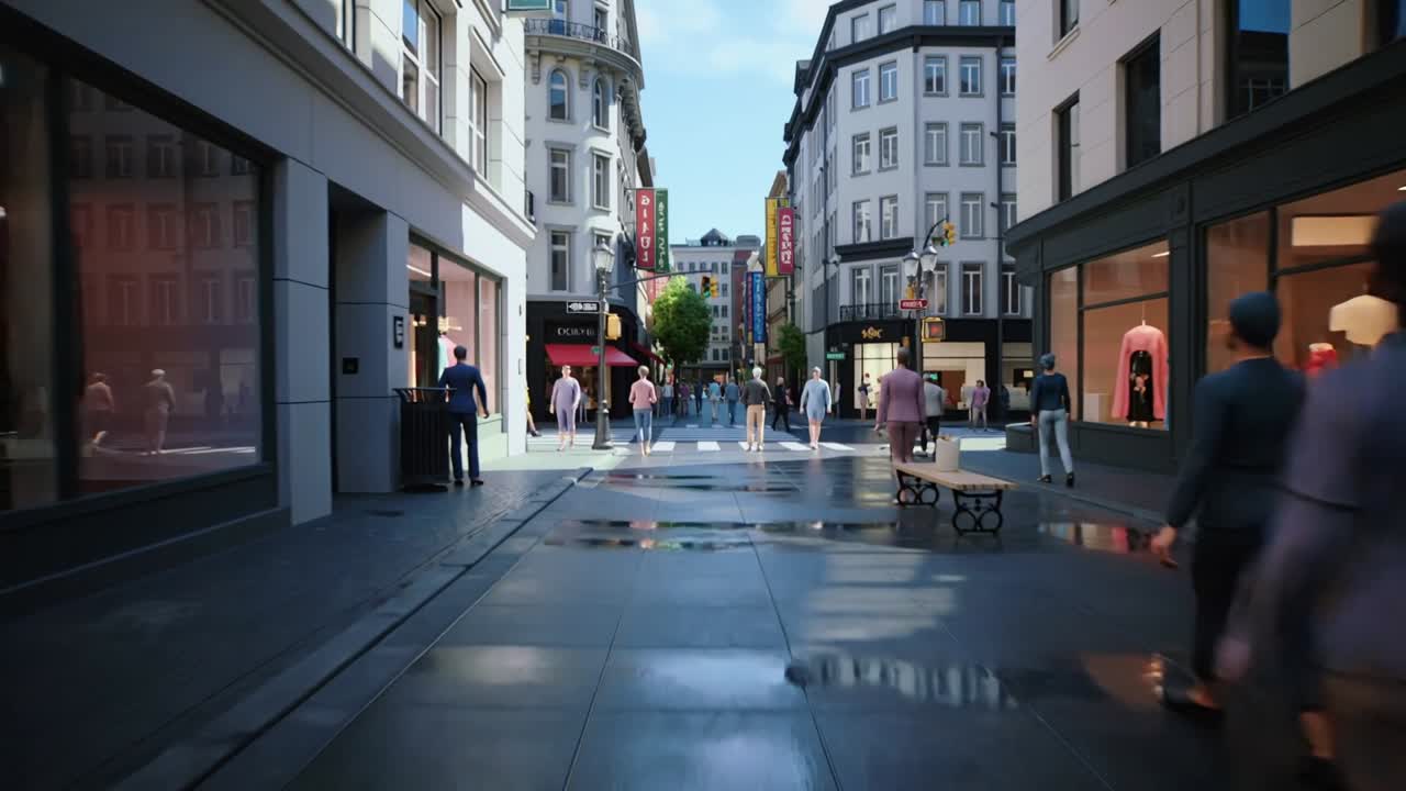 Bewegte Kamera zeigt Erwachsene, die auf einer Straße mit Ladenfronten auf einen Zebrastreifen zugehen, mit nassen Spiegelungen