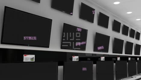 Animation-of-qr-code-and-data-processing-displayed-across-multiple-flat-screen-tvs-in-shop-display
