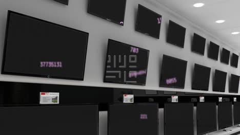 animation of qr code and data processing displayed across multiple flat screen tvs in shop display