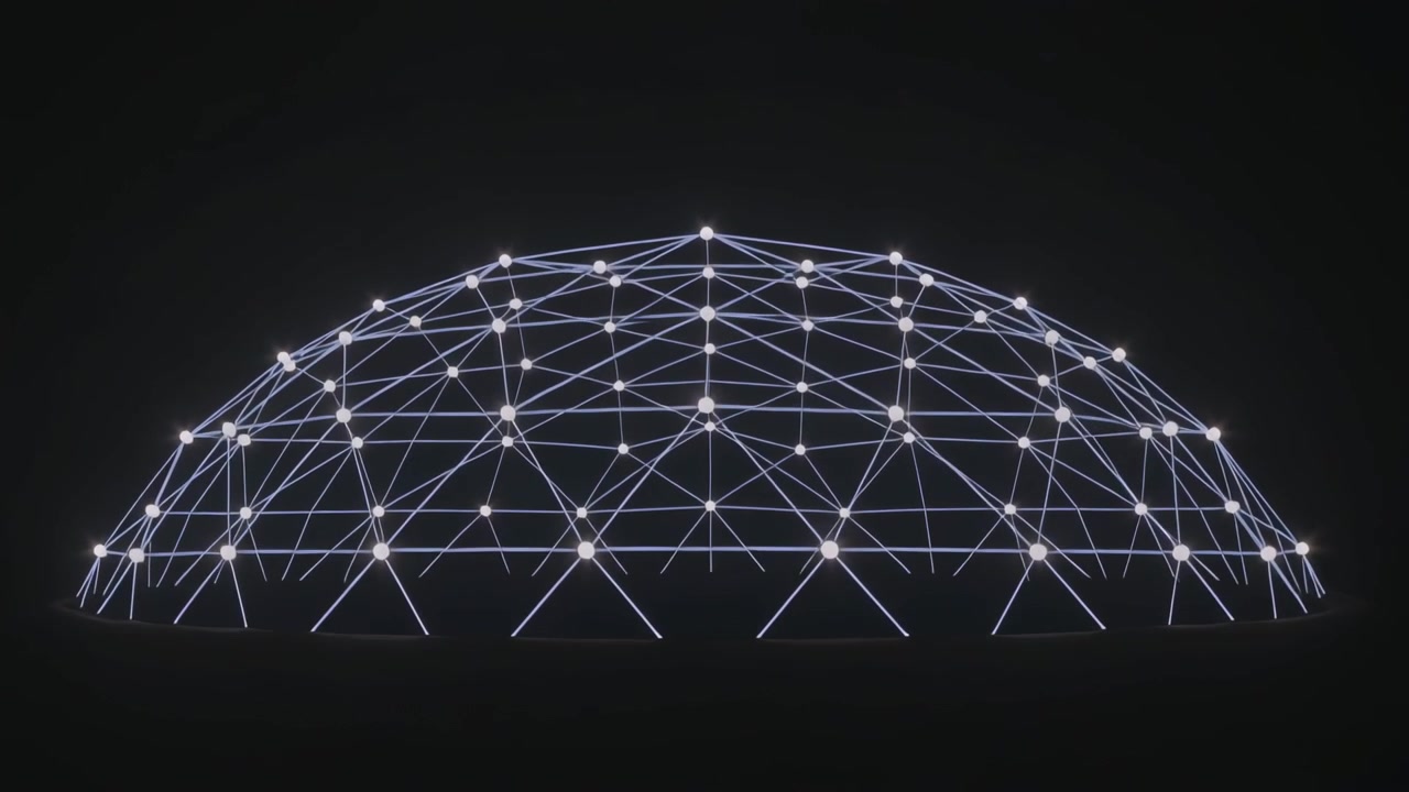 Expanding geodesic dome with frames advancing on dark stage, revealing glowing nodes and lines