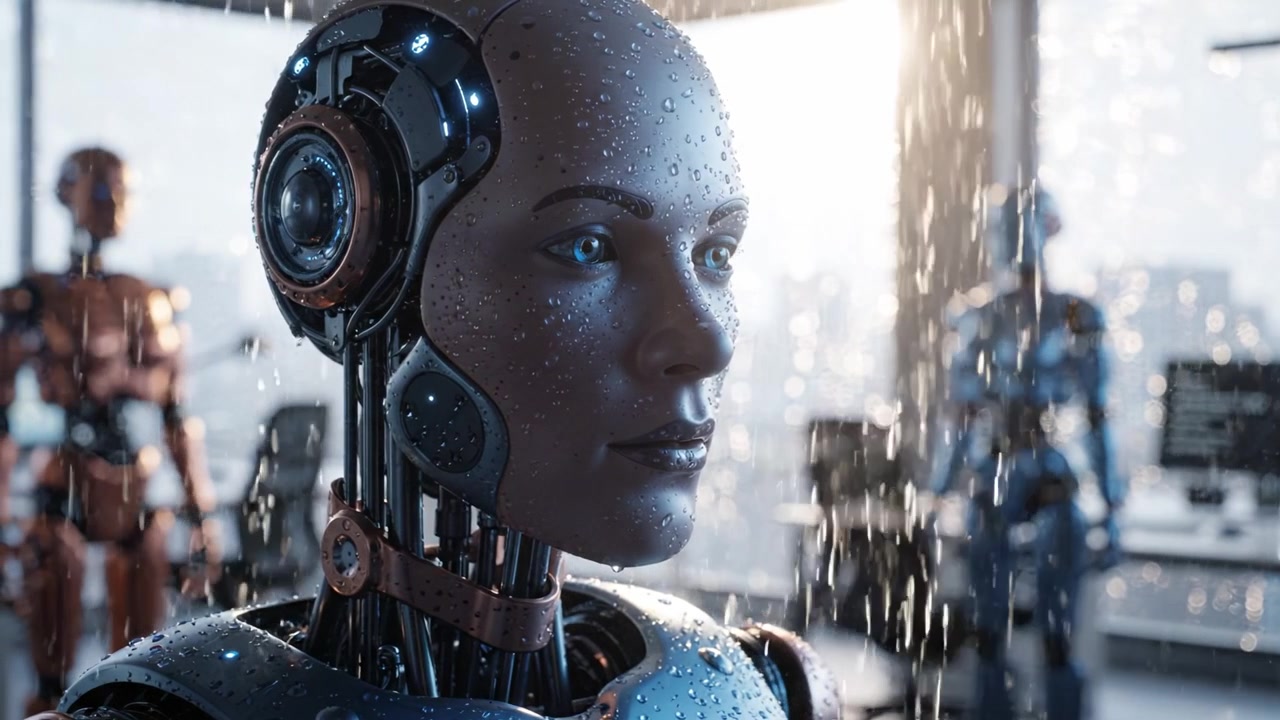 Un sorprendente robot umanoide dal design elegante e un volto dettagliato, illuminato da una luce soffusa, si erge in un ambiente futuristico con la pioggia che crea un effetto drammatico.