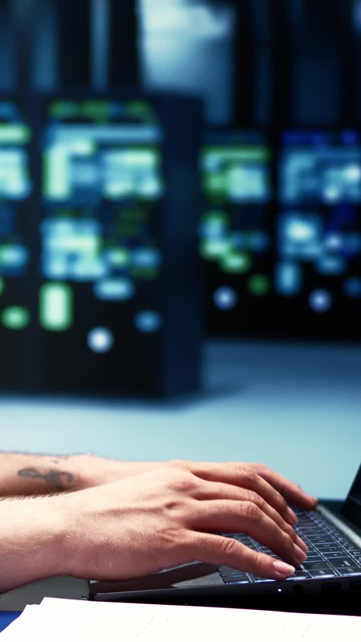 Vertical video Supervisor doing server diagnostic test