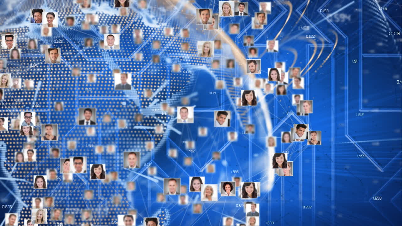 red de iconos de perfil sobre un globo giratorio contra rastros de luz en fondo azul