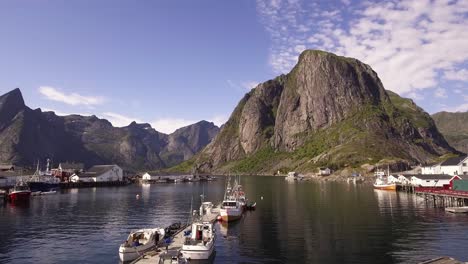 aerial of a small harbor in hamnoy, norway