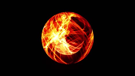 abstract digital futuristic burning sphere with glowing flames. energy waves and sparkling fireworks ball, 4k 3d seamless loop isolated in black with alpha channel.