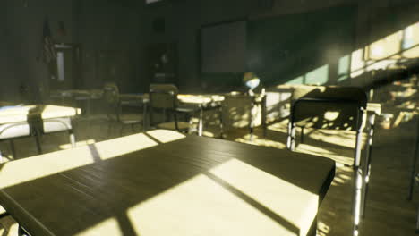 empty classroom with sunlight streaming through windows in a school setting