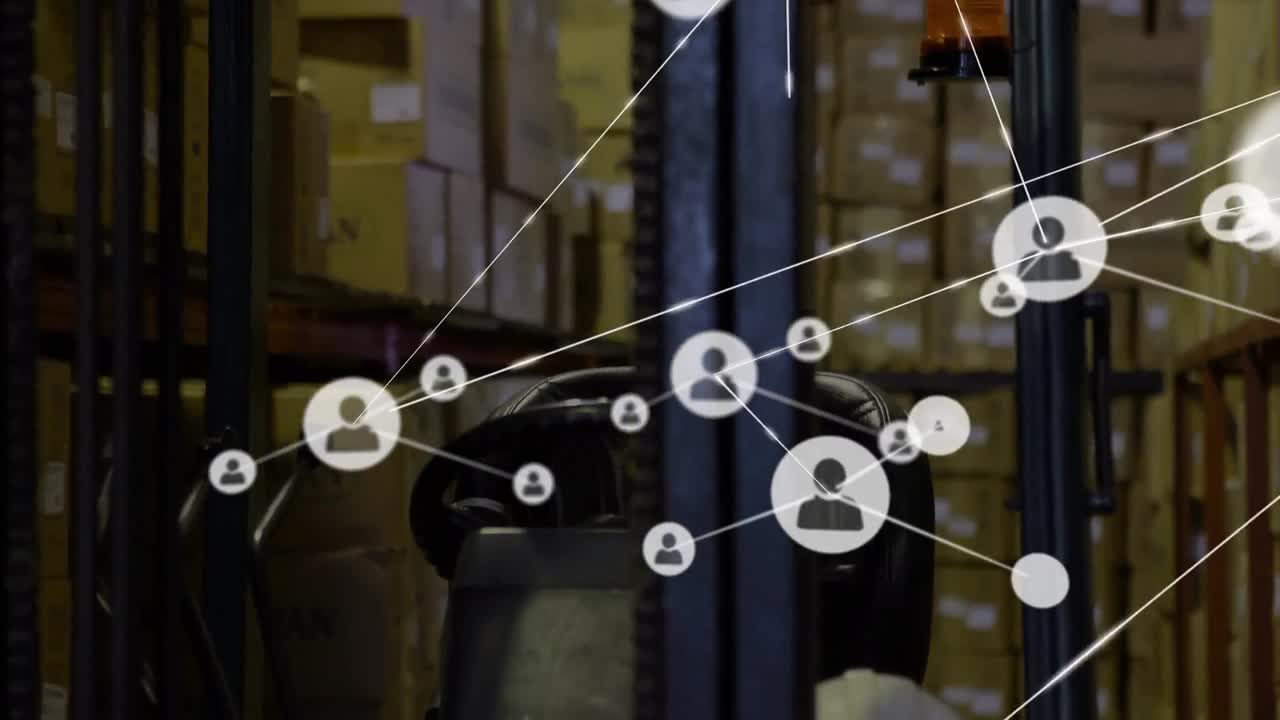 animación de la red de conexiones con iconos sobre el almacén vacío