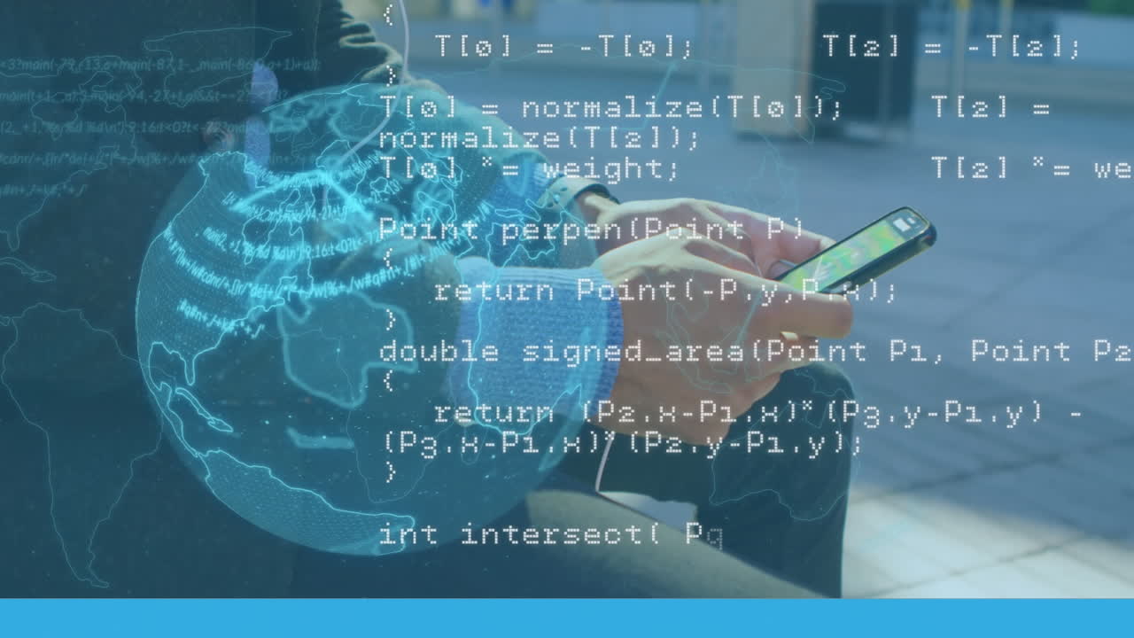 Animation of globe and data processing over businessman using smartphone
