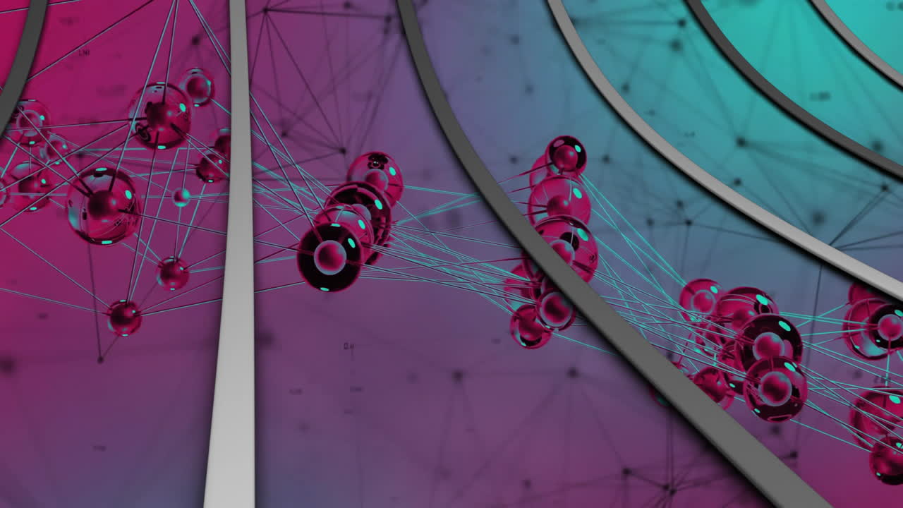 Animation of interconnected spheres over vibrant pink and teal background