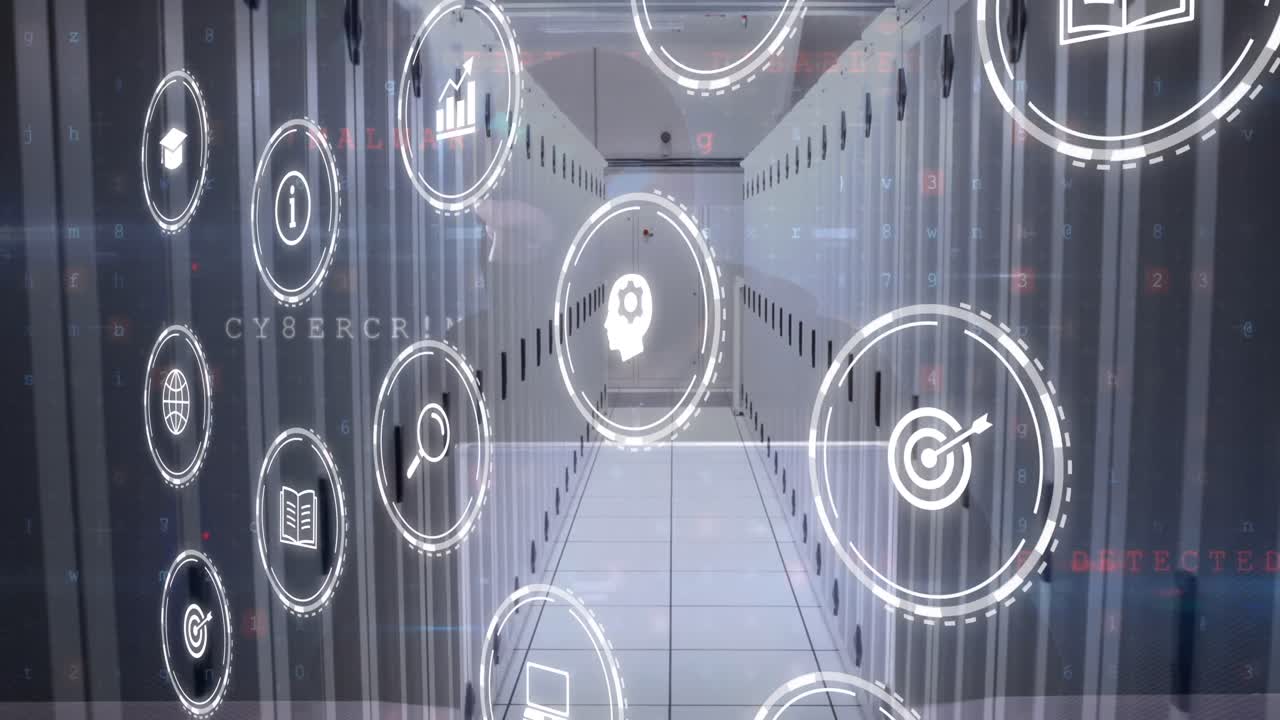 Animation of icons and data processing with connections over computer server