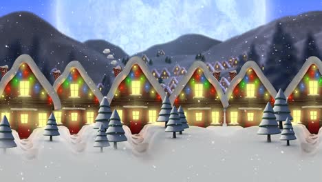 Animación-De-Nieve-Cayendo-Sobre-Casas-Cubiertas-De-Nieve-Decoradas-Con-Luces-Navideñas-Y-Luna
