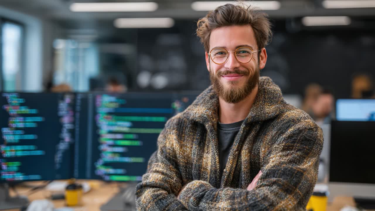 Confident Programmer in Modern Workspace, Showcasing Innovation and Collaboration in Technology with Code Displays on Screens and a Motivational Atmosphere