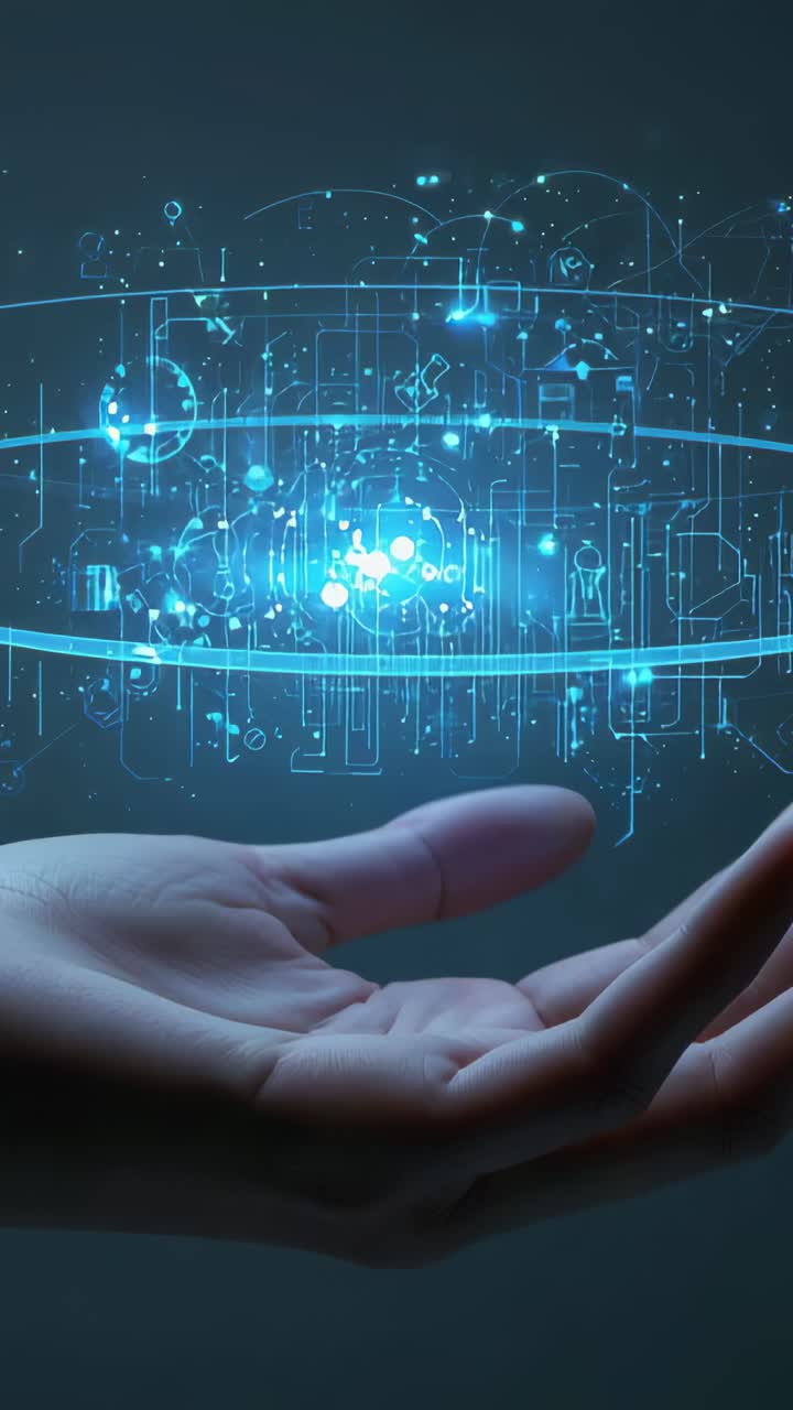 Vertical video: Blue glow arising above palm, hand holding at studio, core forming rings for demo