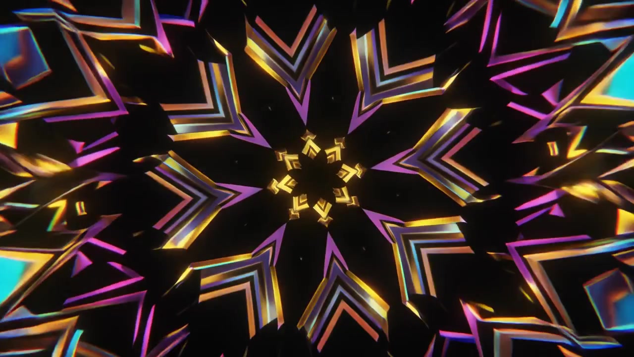 Abstraktní kaleidoskopická animace se zářícími neonovými geometrickými tvary
