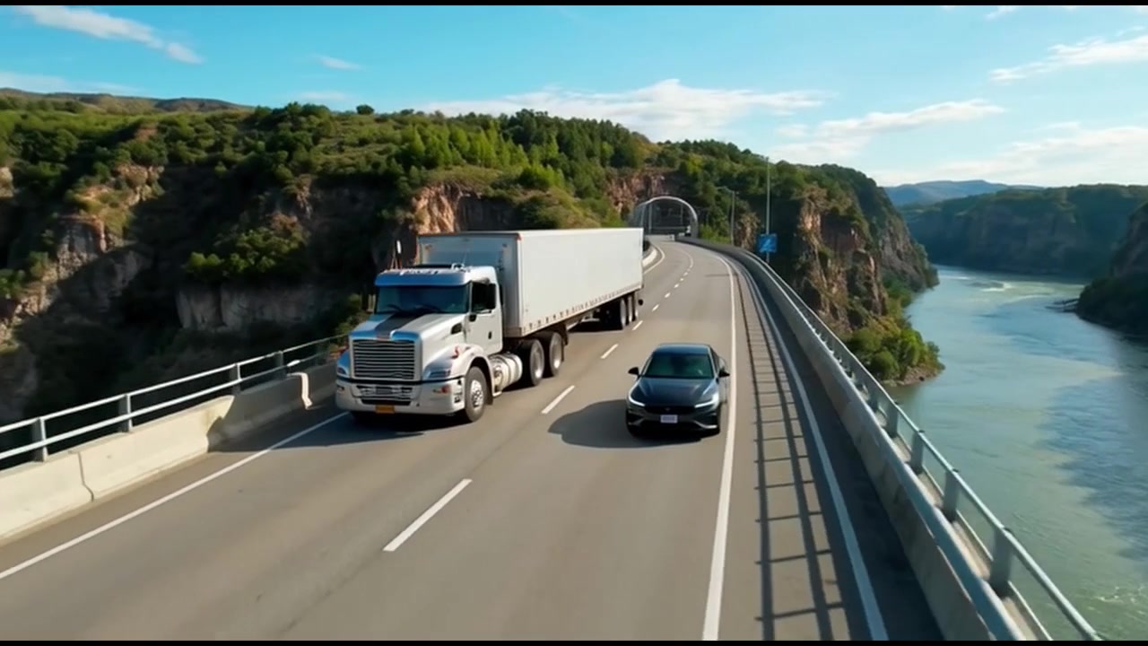 Camion e auto che attraversano un ponte su un fiume.