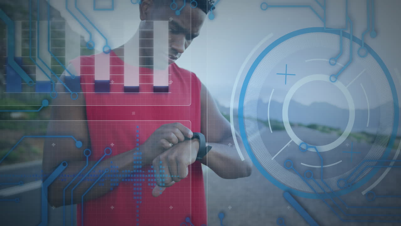 Animation of data processing over african american male runner with smartwatch