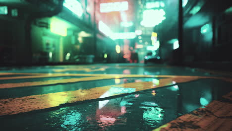 a wet, neon-lit city street at night