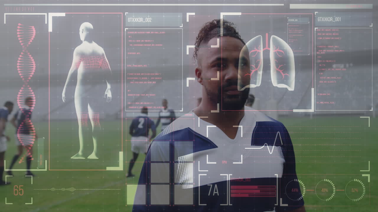 Animation of digital interface with medical data processing over rugby players