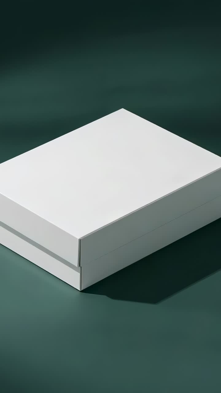 Vertical video: Camera orbiting white cardboard box on green tabletop, revealing panels