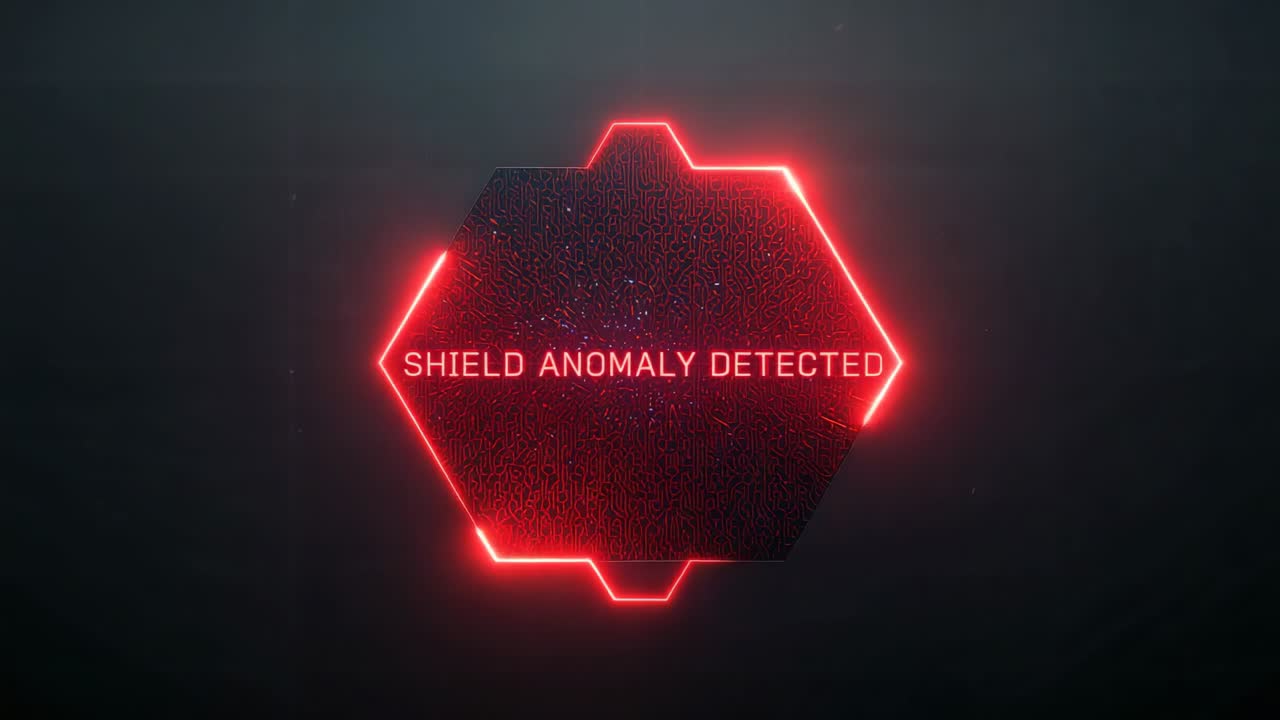 Registrerer anomali, central hex sporer rød neonkontur på mørkt HUD, viser SKJOLD ANOMALI REGISTRERET.