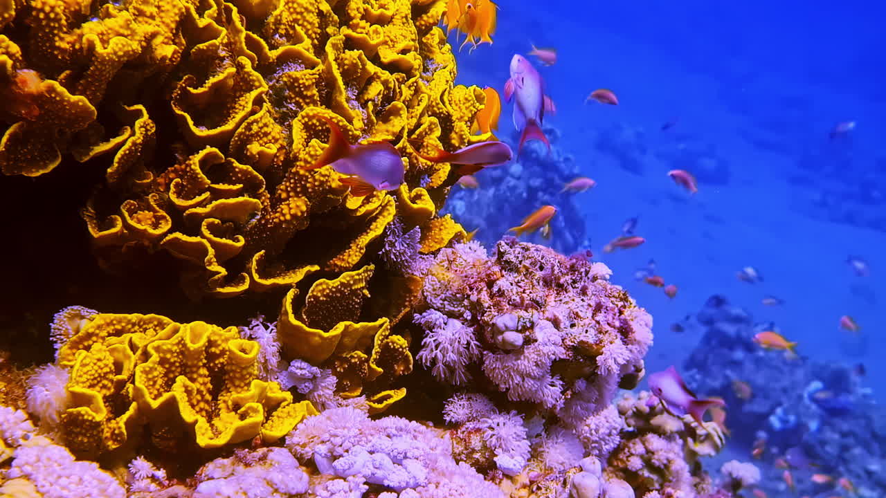 Vibrant neon fishes and coral reef, diving POV