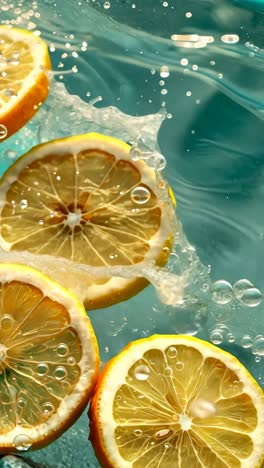 Close-up video of lemon slices splashing into water, captured from a high-angle, showcasing vibrant