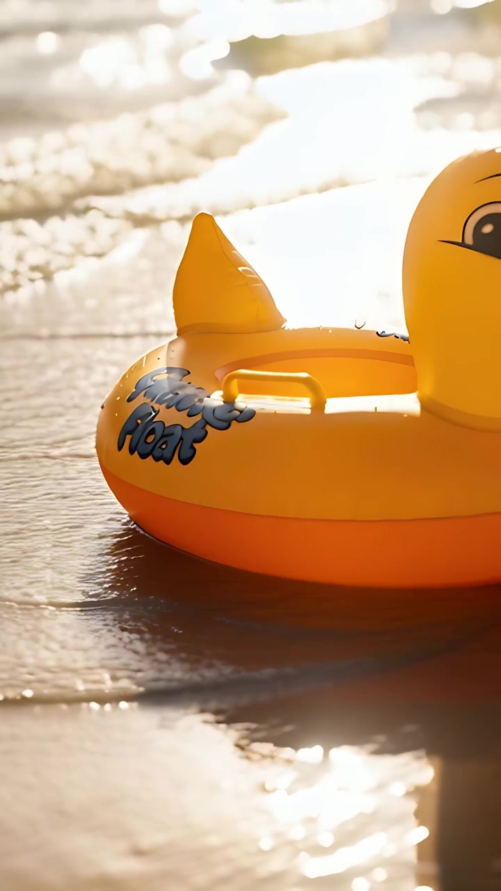 Vertical video: Camera panning yellow duck revealing face on wet shore as waves lapping, copy space