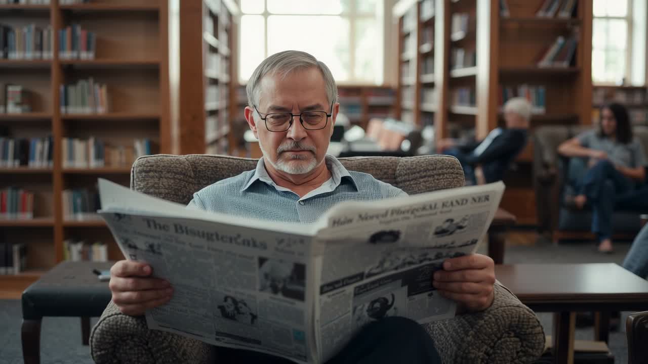 Kadr otwierający przedstawia starszego mężczyznę w niebieskiej koszuli i okularach, który czyta gazetę w bibliotece.