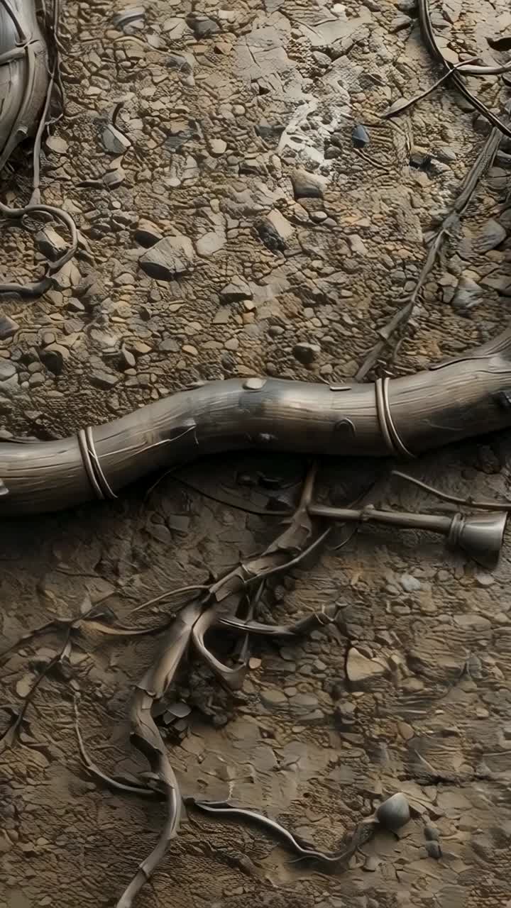 Video verticale: camera in movimento che rivela una radice spessa su terreno roccioso, esponendo fasce metalliche e un tubo