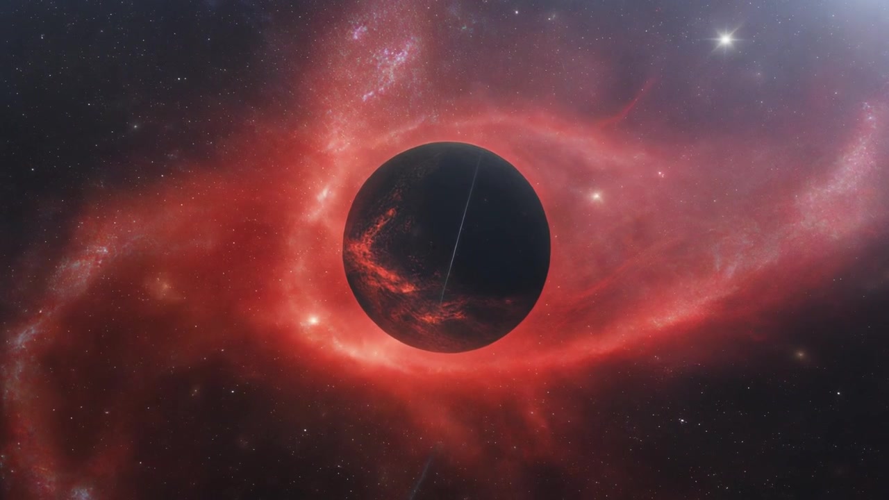 Dark Planet Surrounded by Glowing Red Nebula in Deep Space