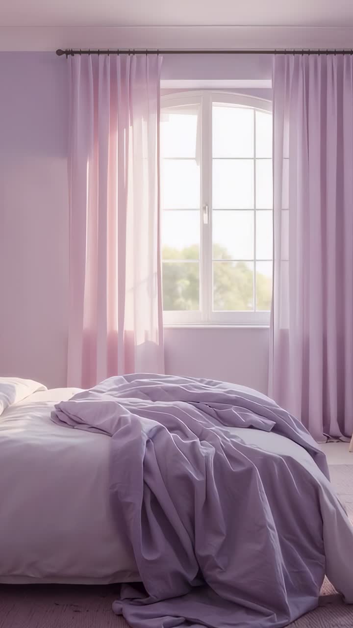 Video verticale: luce solare che cambia e illumina il letto disfatto, piumino color lavanda spiegazzato alla finestra della camera da letto