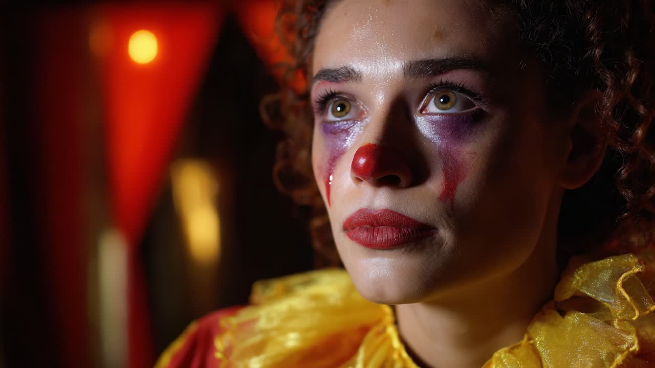 Un clown malinconico ripensa ai ricordi sotto luci fioche, mostrando un mosaico di emozioni vivide attraverso un trucco espressivo e un costume colorato in un ambiente circense