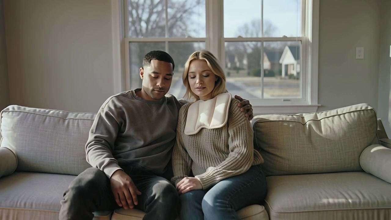 Seeing closed eyes, man placing beige pad on partner wearing chunky sweater in living room soothing