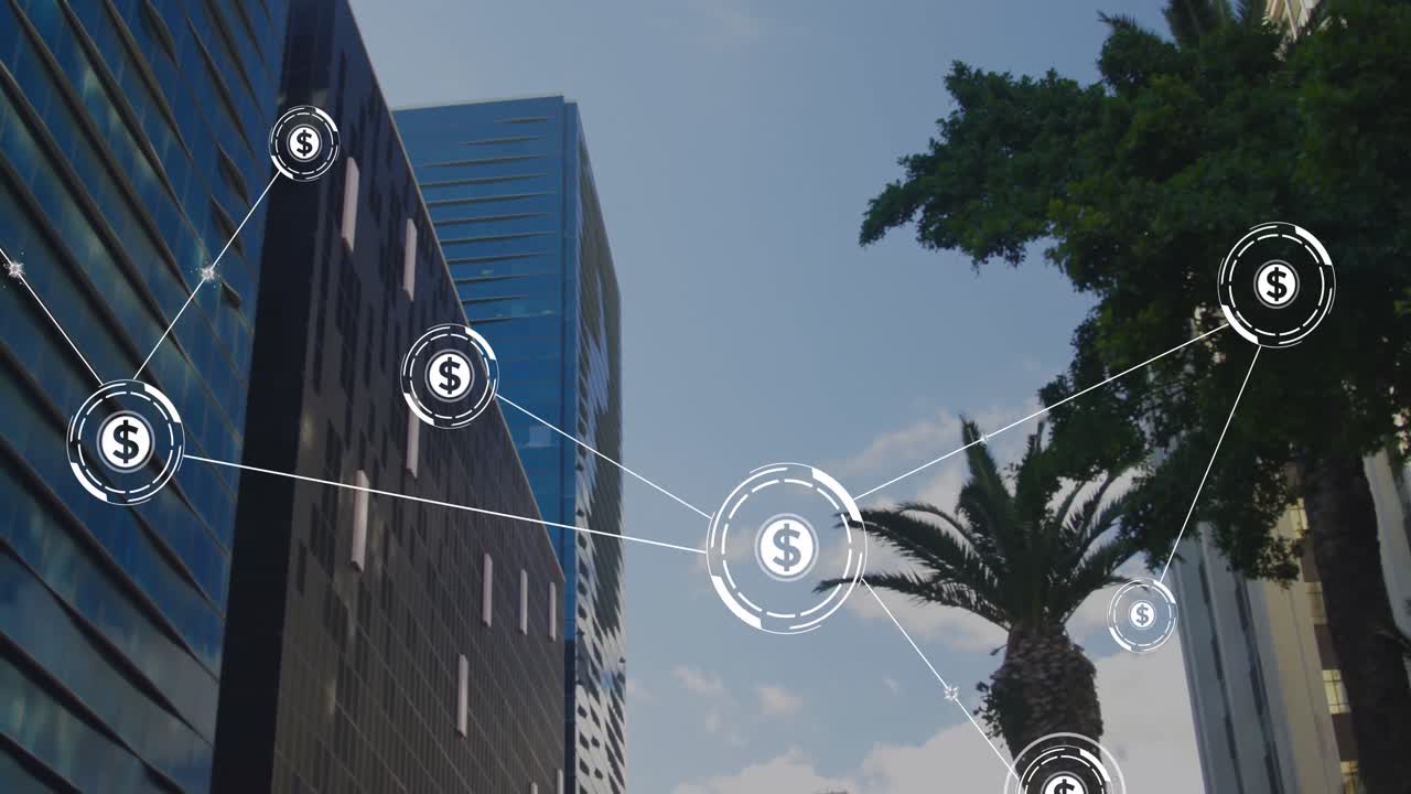 animación de la red de conexiones con íconos sobre edificios modernos