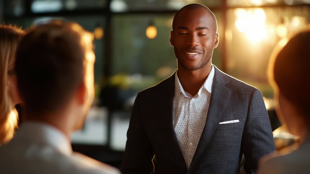 A dynamic conversation unfolds as a confident man engages his audience, radiating charisma and warmth, set against a backdrop of soft lighting and a sunset ambiance, creating an inviting atmosphere for interaction