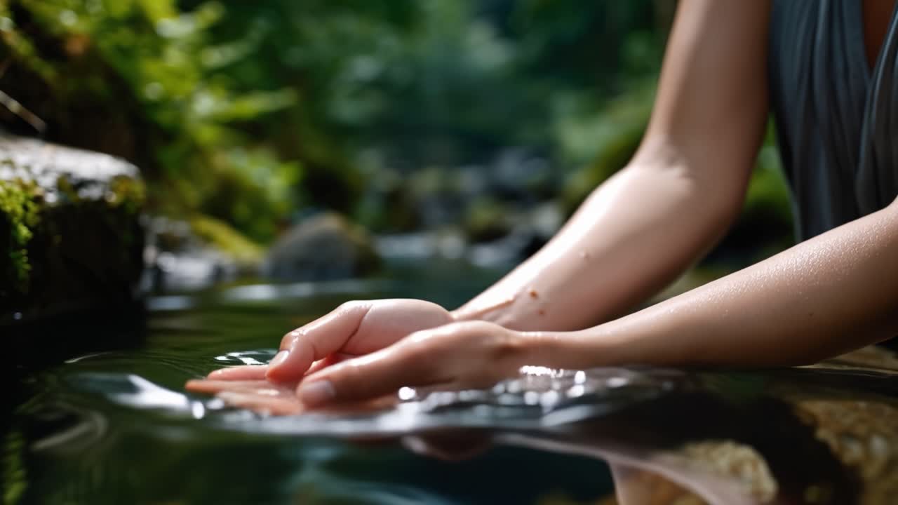 A Serene Moment Captured: Gentle Hands Collecting Water in Nature's Embrace, Showcasing Natural Beauty and Tranquility in a Peaceful Stream Setting