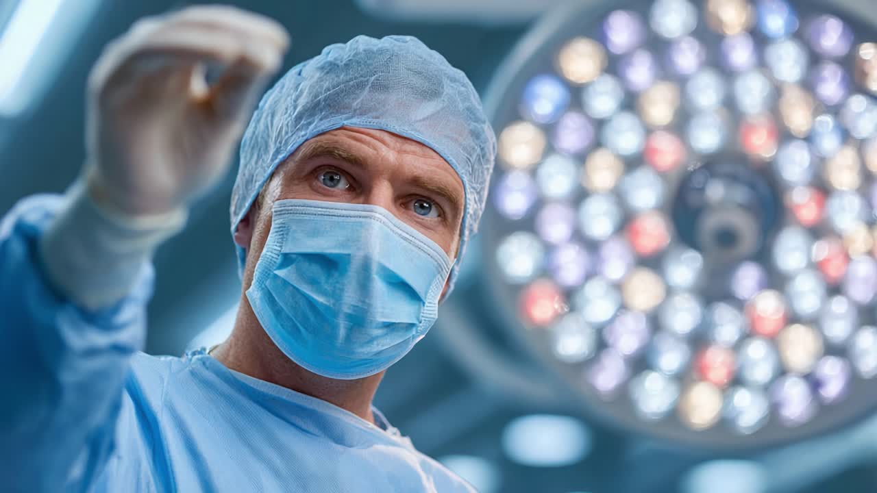 Un medico specializzato in abiti chirurgici esamina un campione sotto le luci della sala operatoria, dimostrando precisione e dedizione nell'assistenza sanitaria moderna