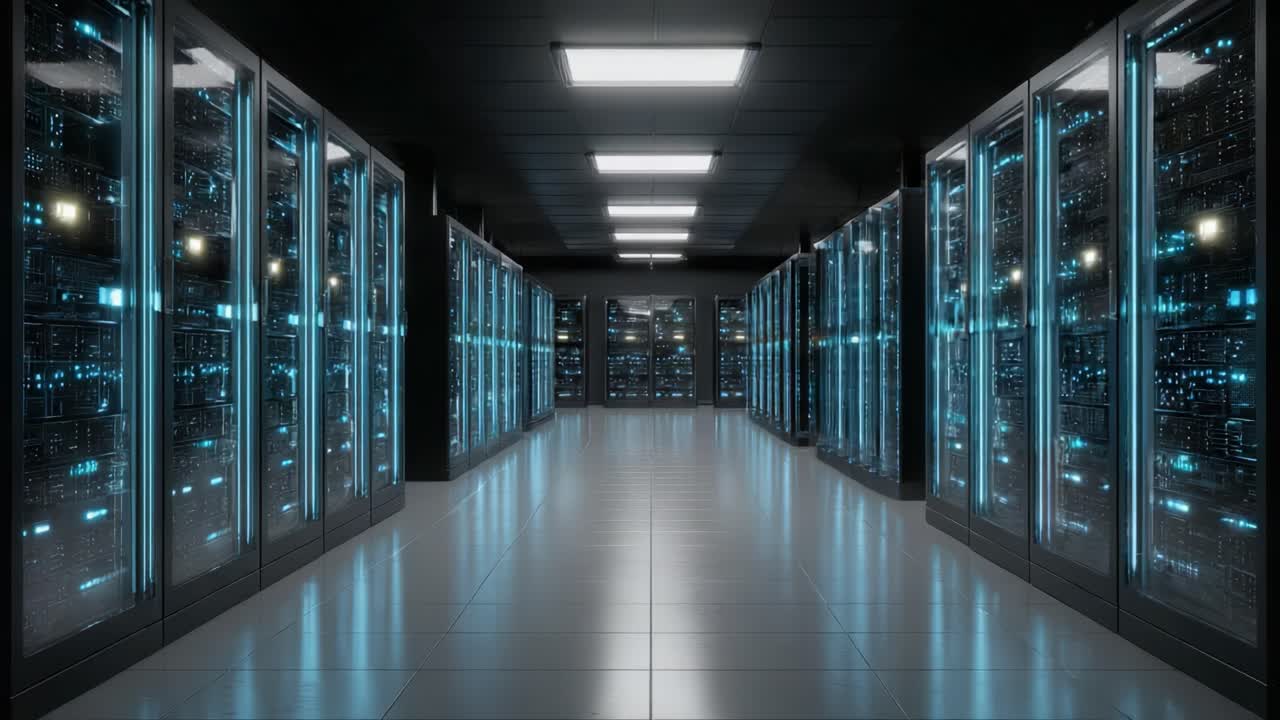 A High-Tech Data Center with Rows of Illuminated Servers Showcasing a Modern Infrastructure for Data Storage and Processing in a Controlled Environment