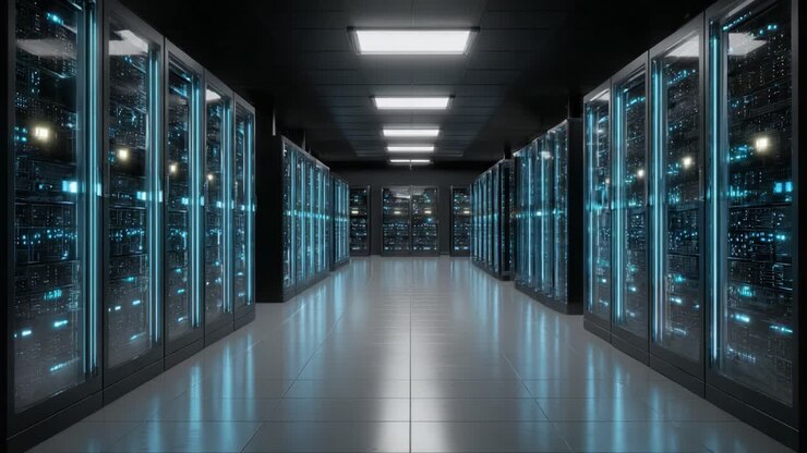 A High-Tech Data Center with Rows of Illuminated Servers Showcasing a Modern Infrastructure for Data Storage and Processing in a Controlled Environment