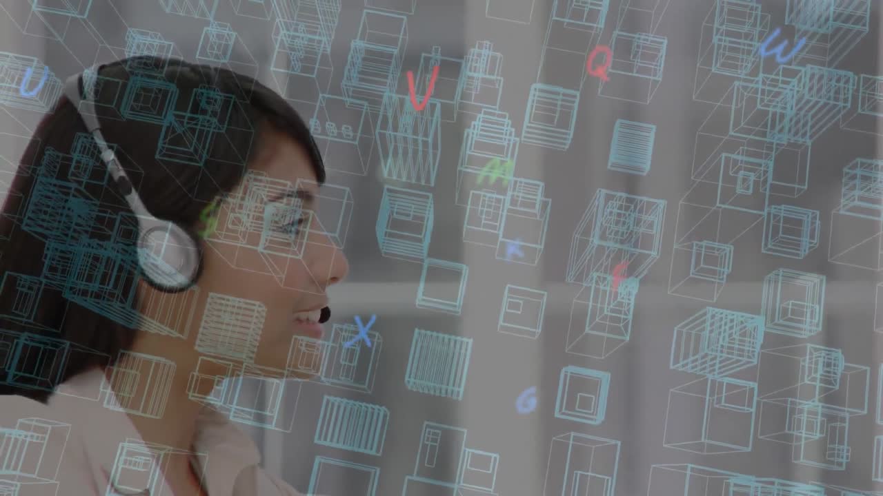 animación de un modelo de ciudad en 3d y basura sobre una mujer de negocios con auriculares de teléfono