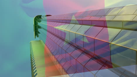 animation of cameroon waving flag and financial data processing over cityscape