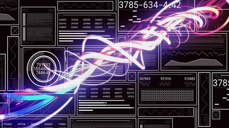 Animation of data processing over light trails on black background