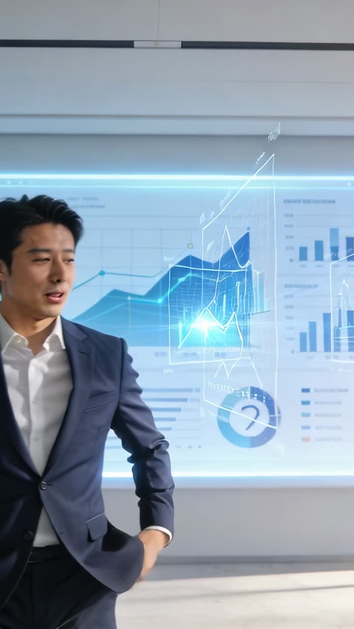 Vertical video: Overlays appearing man in suit pointing at screen charts showing trend, copy space