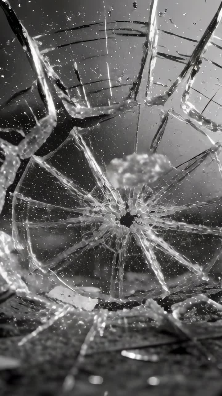 Vertical video: Striking projectile shattering tempered glass pane, sending shards toward camera